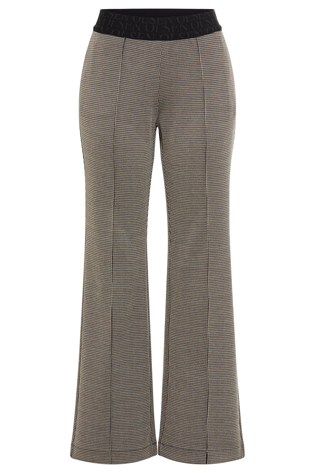 Tall gray pants with a black waistband on a white background