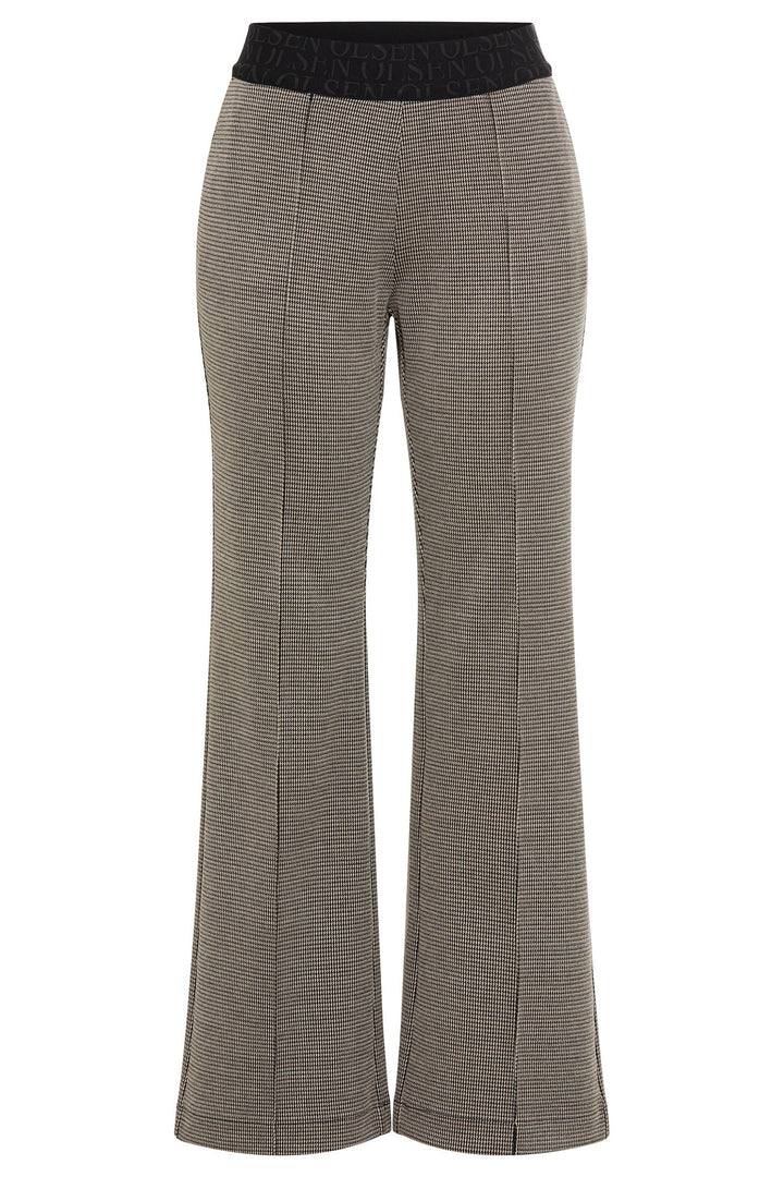 Tall gray pants with a black waistband on a white background