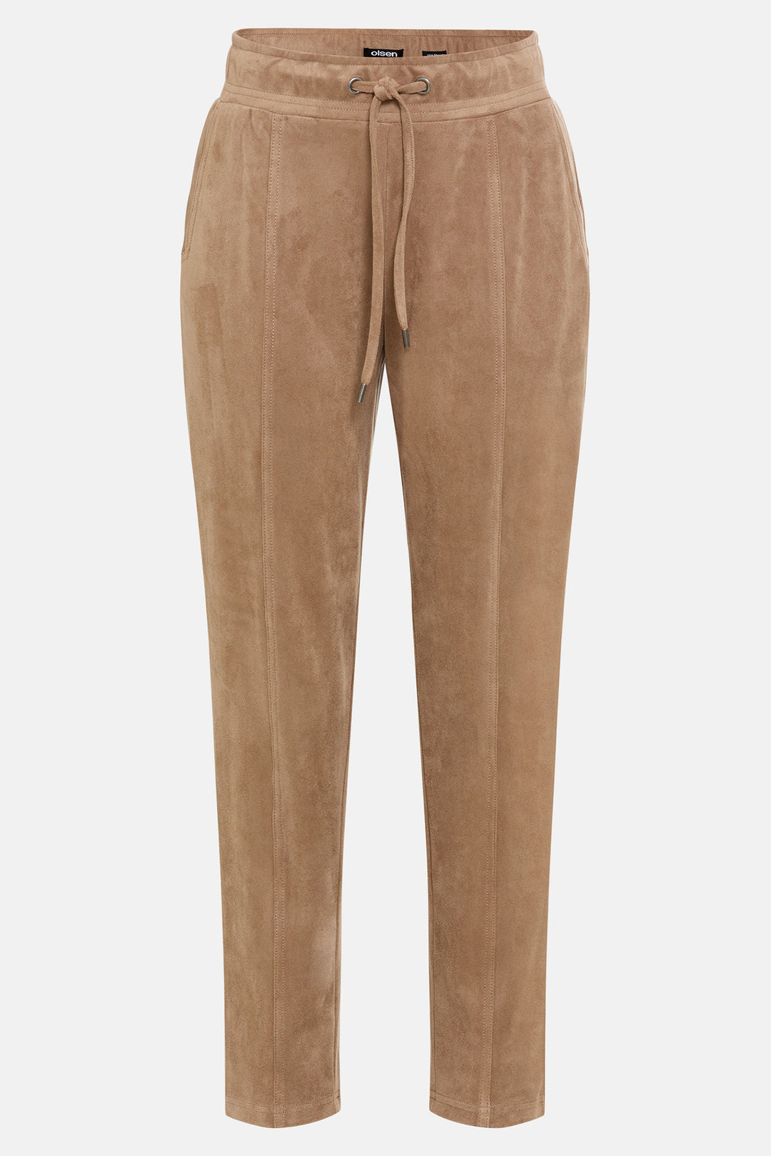 Tan corduroy pants with a tie waist on a white background