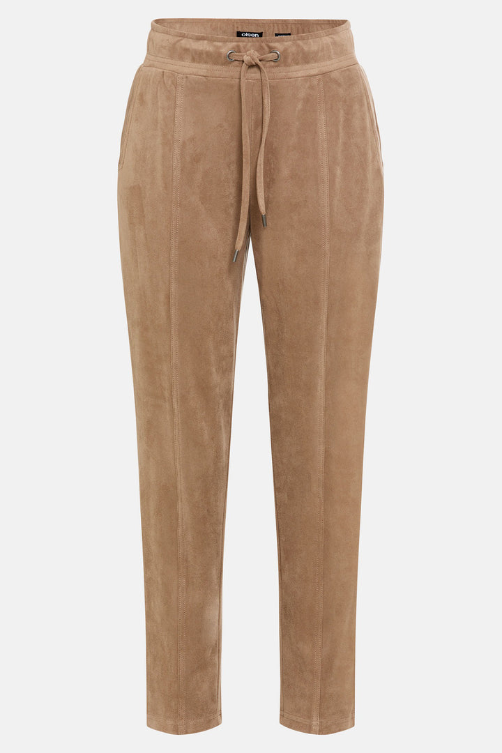 Tan corduroy pants with a tie waist on a white background