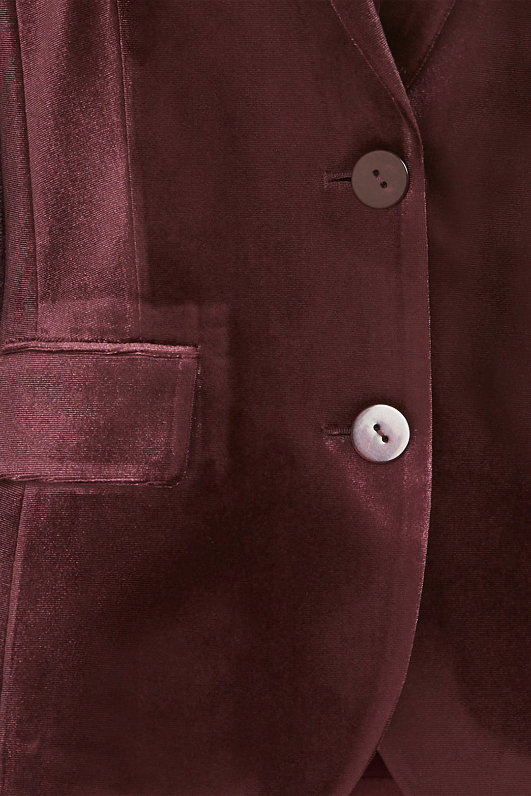 Close-up of a Dark wine velvet jacket with buttons and a pocket.