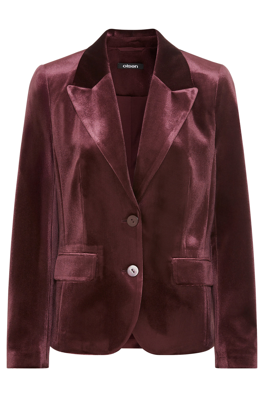 Dark wine velvet blazer with a button on a white background