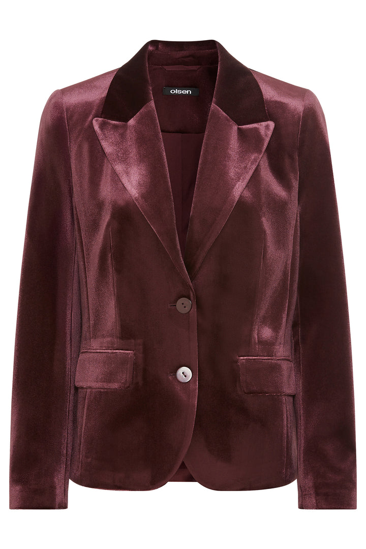 Dark wine velvet blazer with a button on a white background