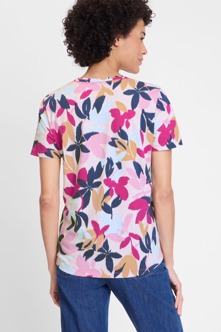 Olsen Boysenberry Pink Leaf Print Cotton V-Neck T-Shirt 11105128 70077 - Experience Boutique