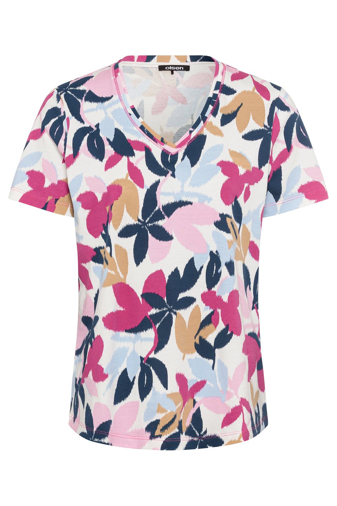 Olsen Boysenberry Pink Leaf Print Cotton V-Neck T-Shirt 11105128 70077 - Experience Boutique