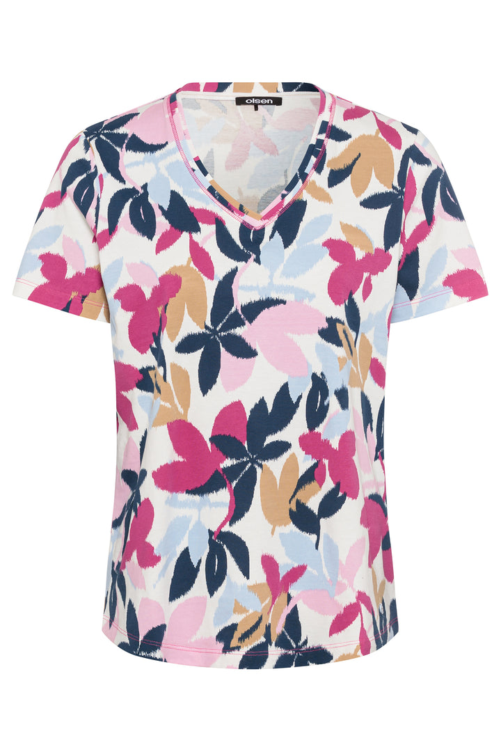 Olsen Boysenberry Pink Leaf Print Cotton V-Neck T-Shirt 11105128 70077 - Experience Boutique