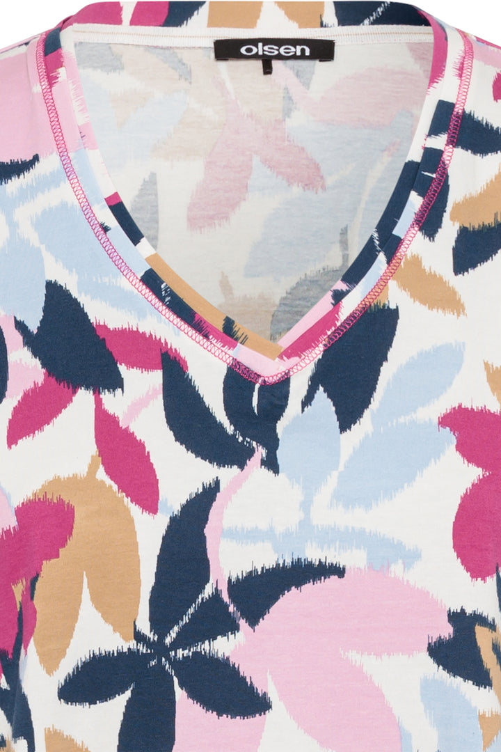 Olsen Boysenberry Pink Leaf Print Cotton V-Neck T-Shirt 11105128 70077 - Experience Boutique