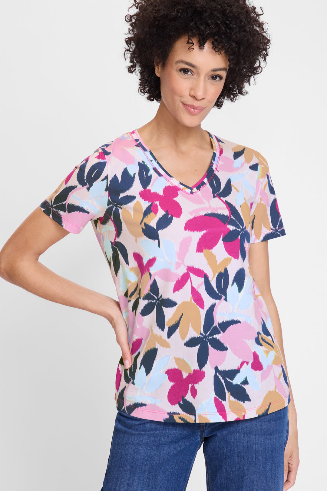 Olsen Boysenberry Pink Leaf Print Cotton V-Neck T-Shirt 11105128 70077 - Experience Boutique