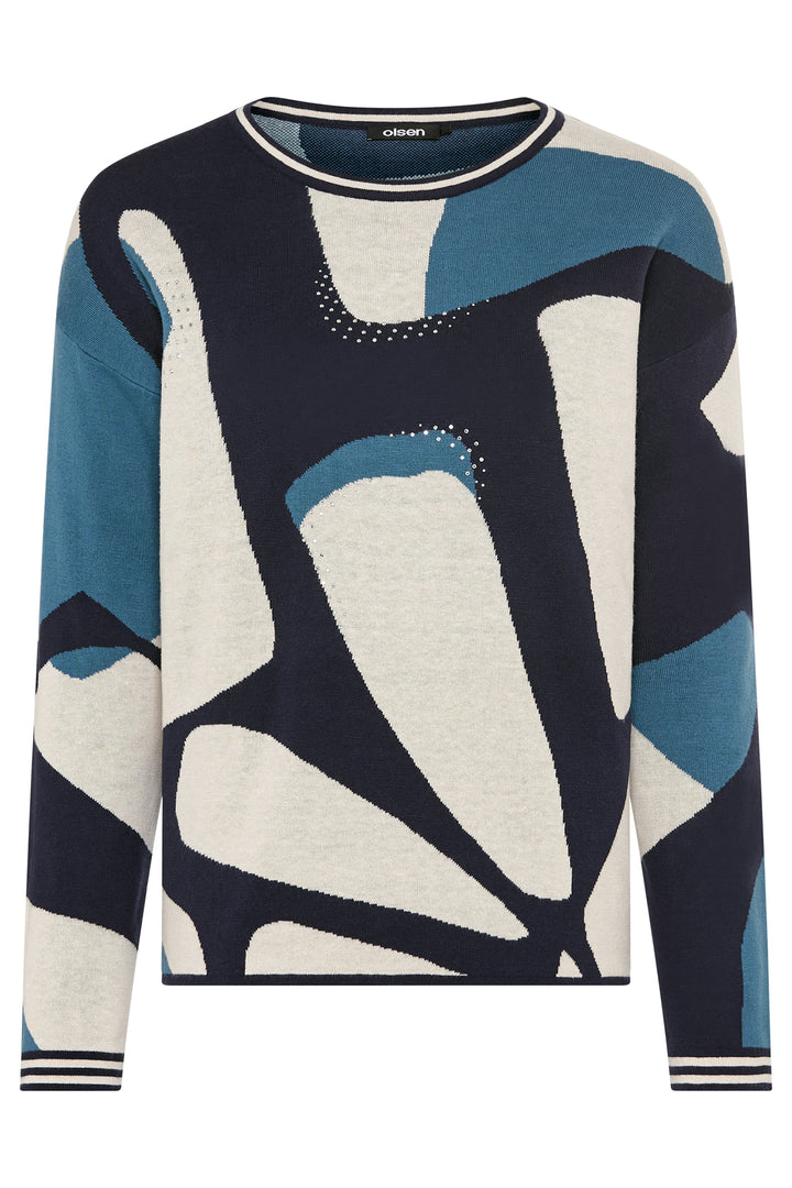 Olsen Ink Blue Print Embellished Knit Jumper 11004686 40173 - Experience Boutique