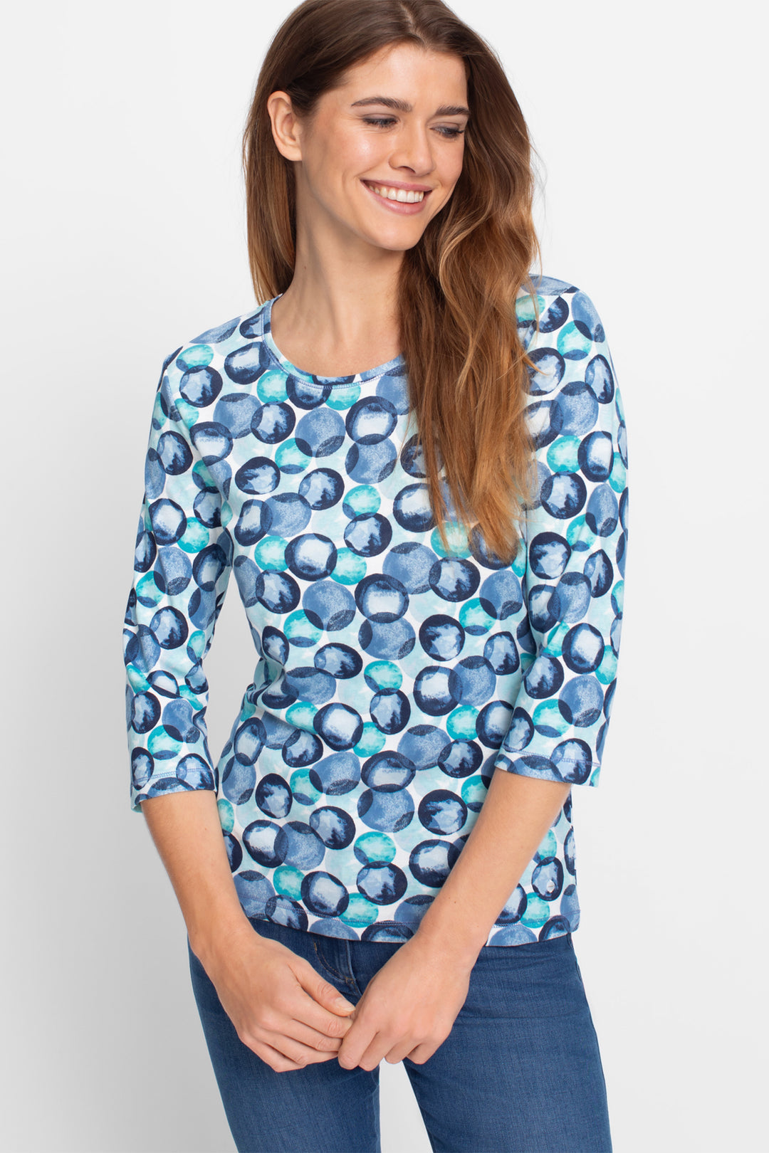 Olsen Top Indigo Denim Circle Print 11104979 40189 - Experience Boutique