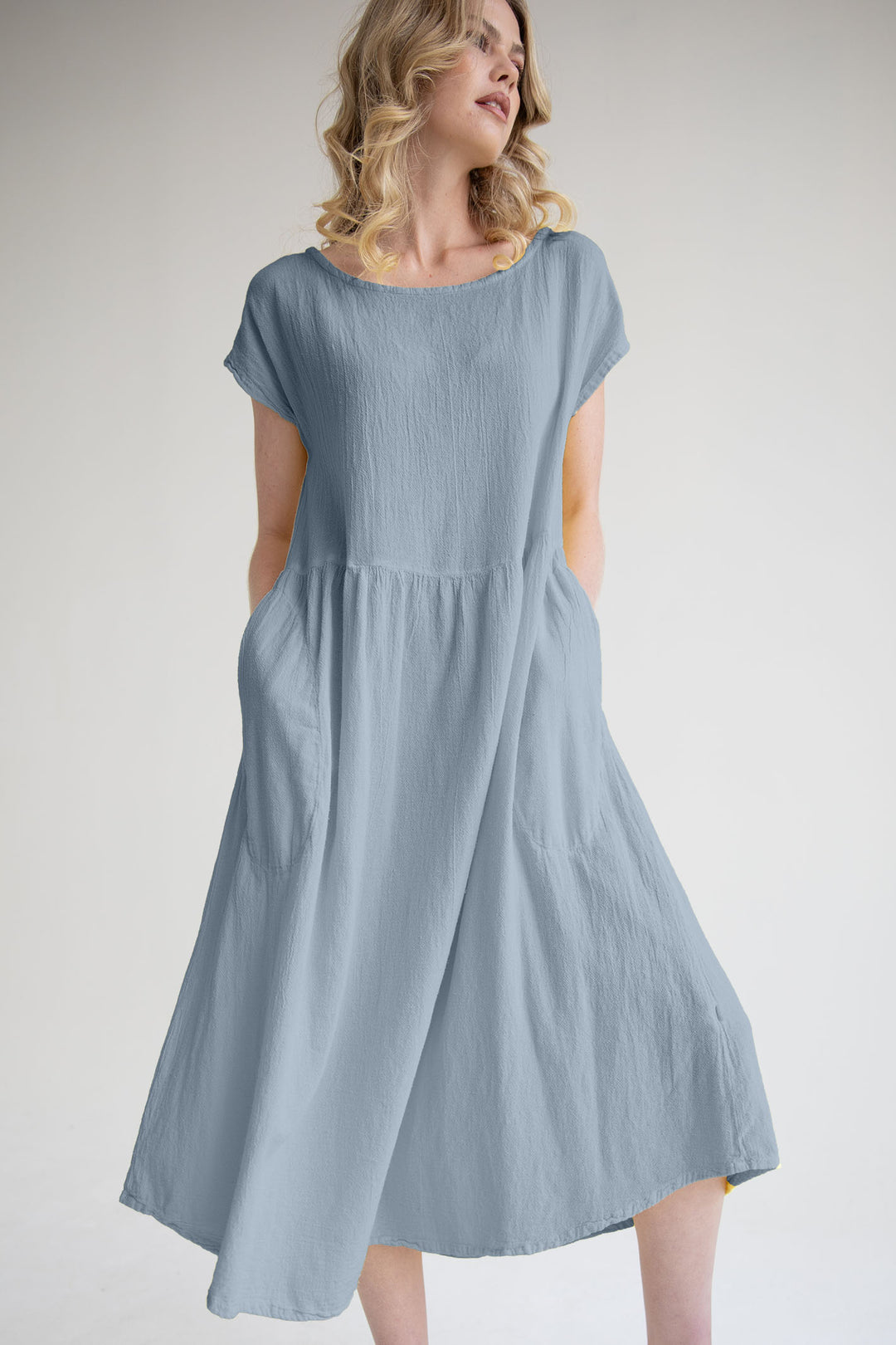 Onelife D625 Alba Dusty Blue Boat Neck Cap Sleeve Dress - Experience Boutique