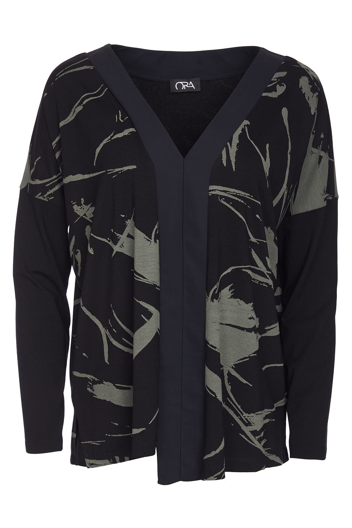 Ora ORW25103 599 Black Print V-Neck Relaxed Fit Top