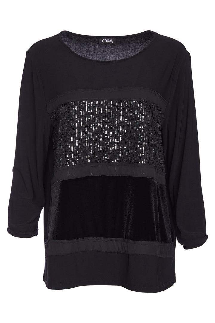 Black top with sequin panel on a white background