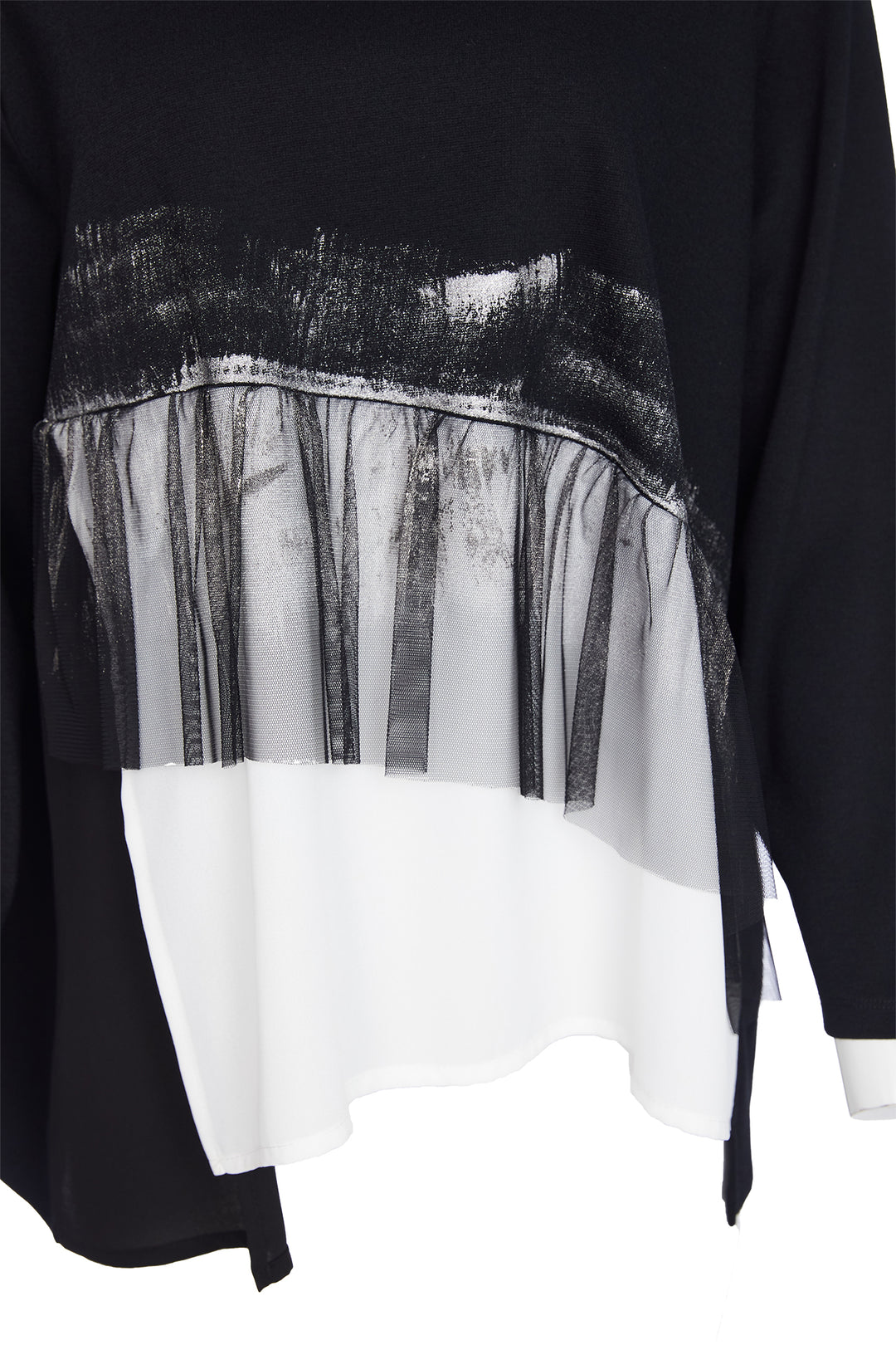 Black and white layered garment with sheer overlay