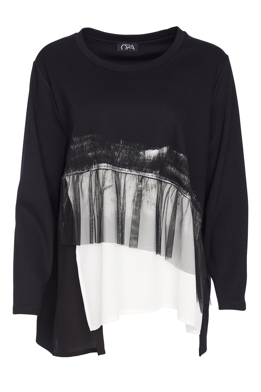 Black sweater with a nature-themed design on a white background