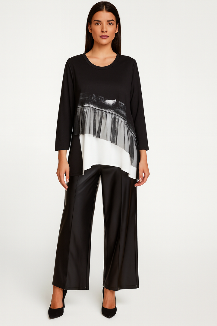 Ora ORW25137 912 Black Gather Mesh Frill Contrast Panel Top