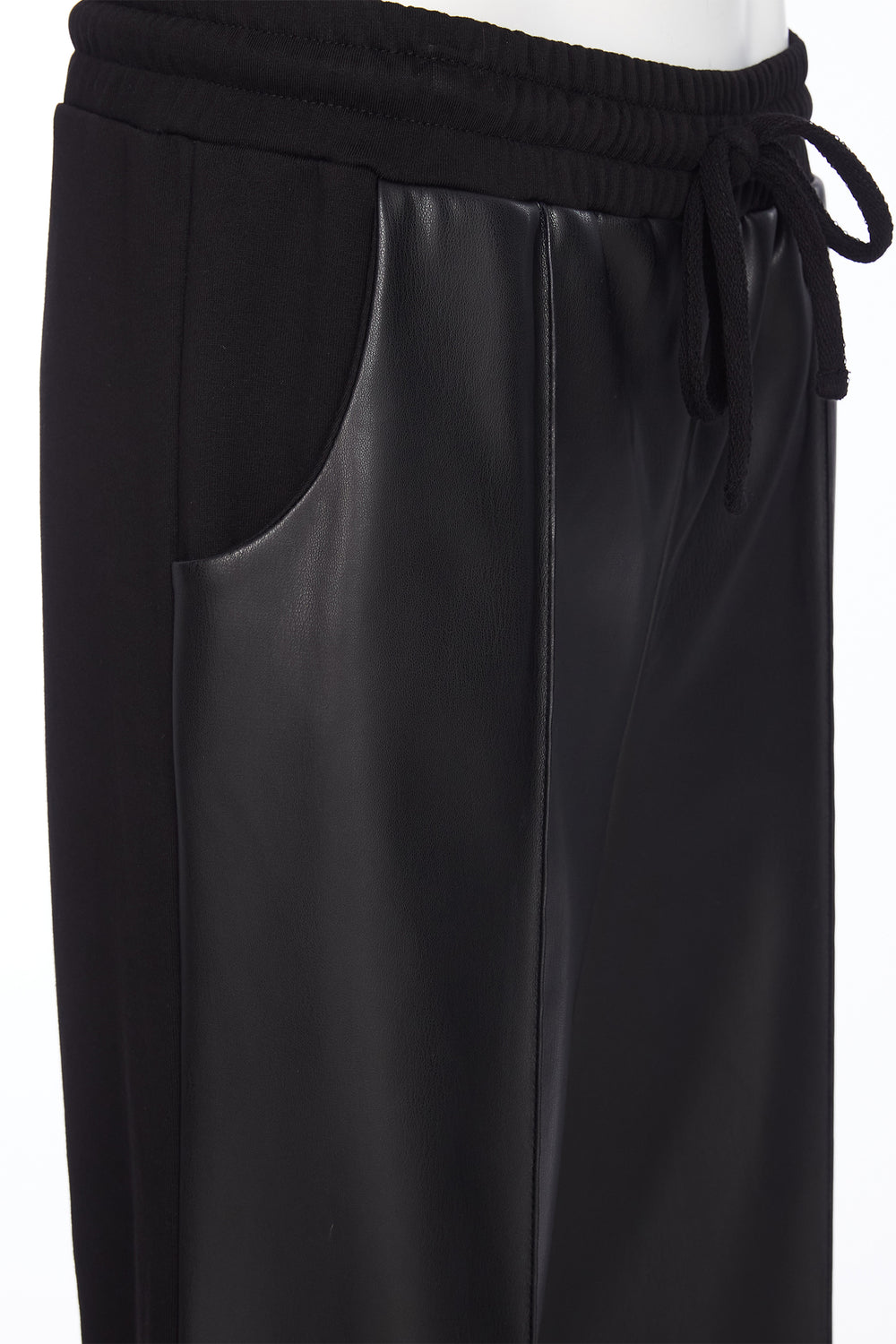 Black pants with a drawstring waist on a white background