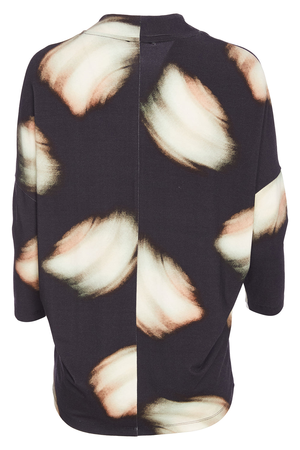 Black top with feather pattern on a white background