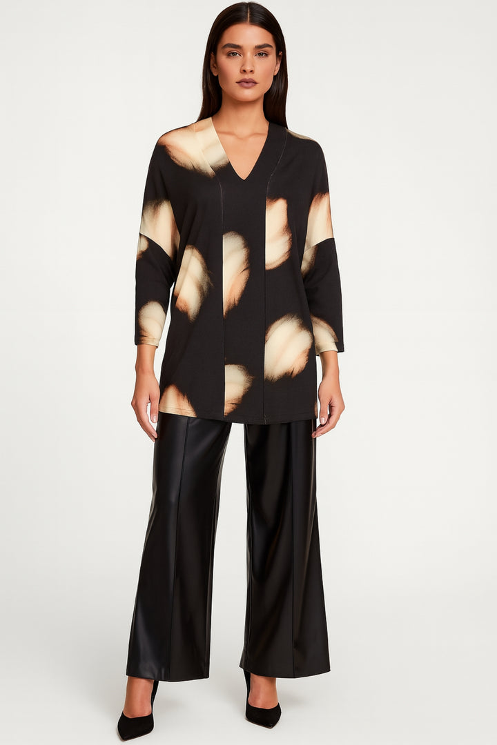 Ora ORW25191 209 Black Blurred Spot Print V-Neck Tunic Top