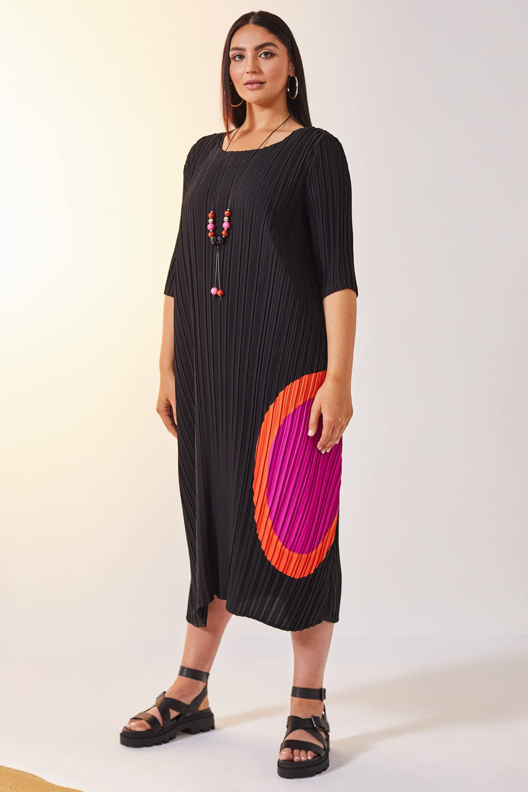 Ora ORS23 109 Black & Pink Pleated Dress With Necklace - Experience Boutique