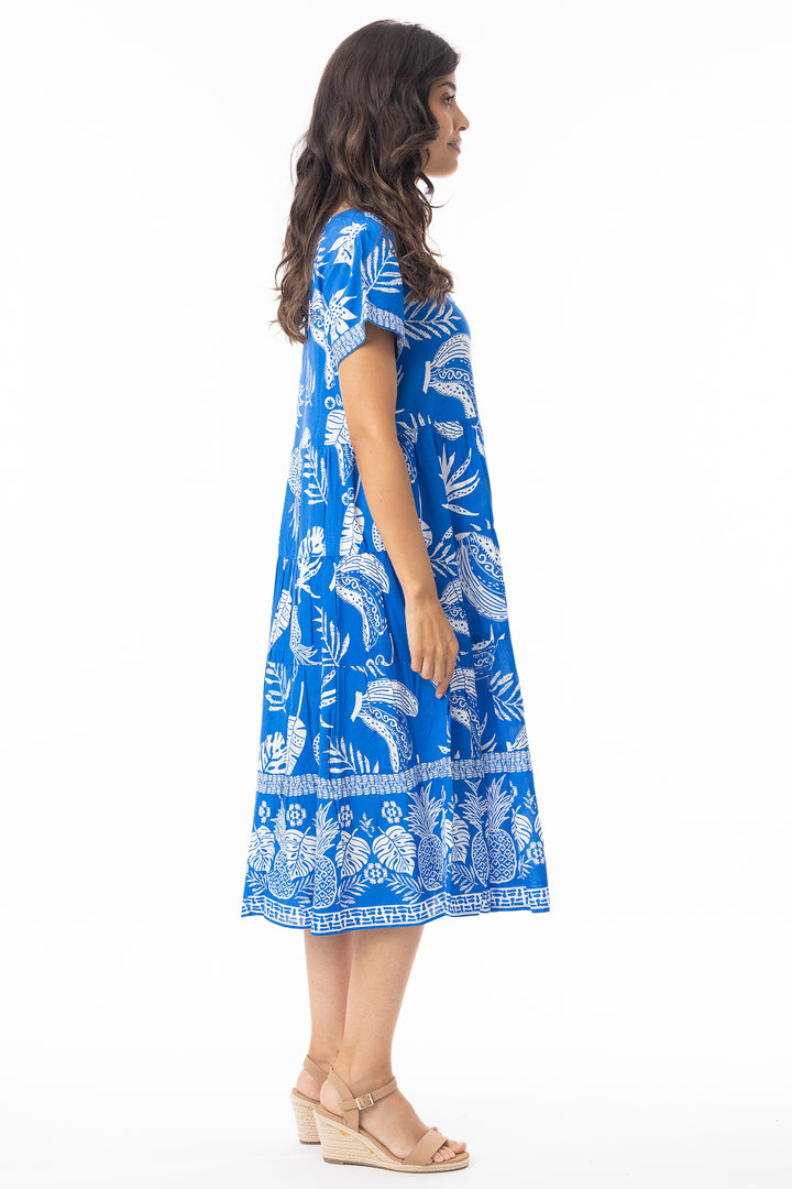 Orientique 10060 Blue Comodoro Print Short Sleeve Dress