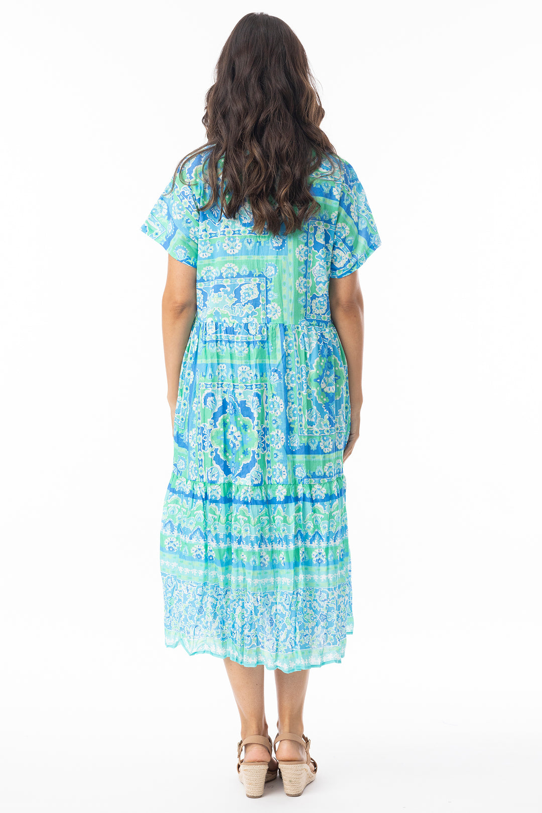 Orientique 10069 Aqua Montevideo Print Short Sleeve Layer Dress