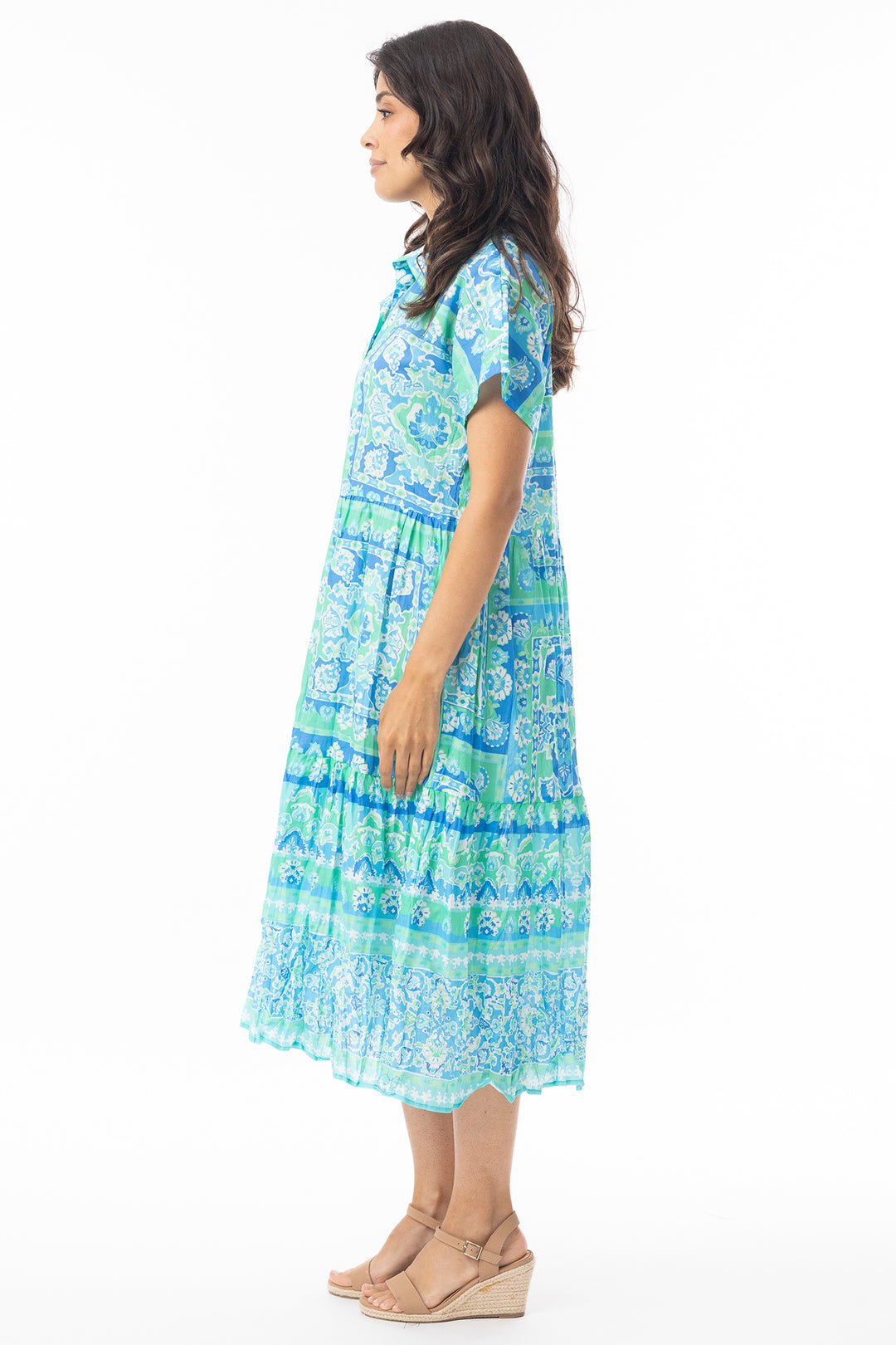 Orientique 10069 Aqua Montevideo Print Short Sleeve Layer Dress