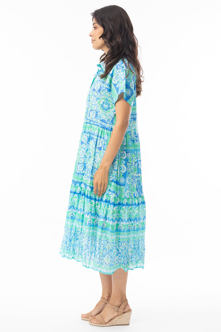 Orientique 10069 Aqua Montevideo Print Short Sleeve Layer Dress