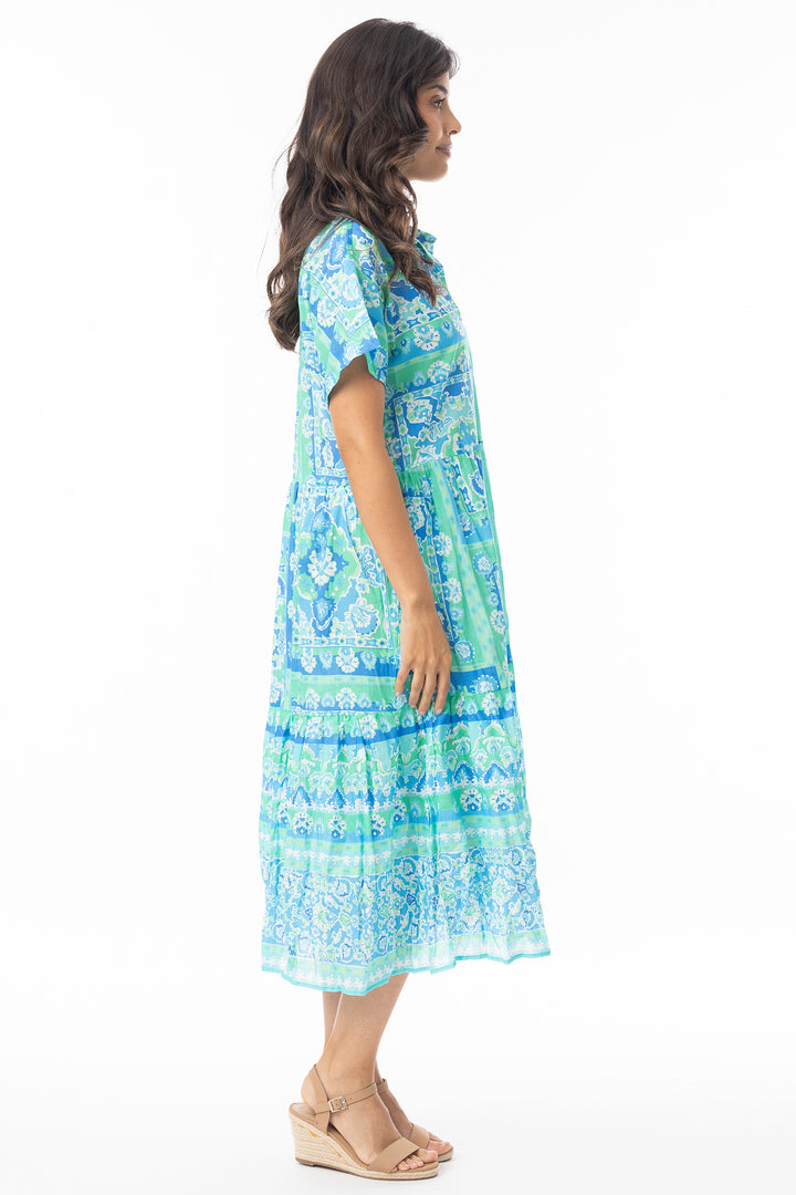 Orientique 10069 Aqua Montevideo Print Short Sleeve Layer Dress
