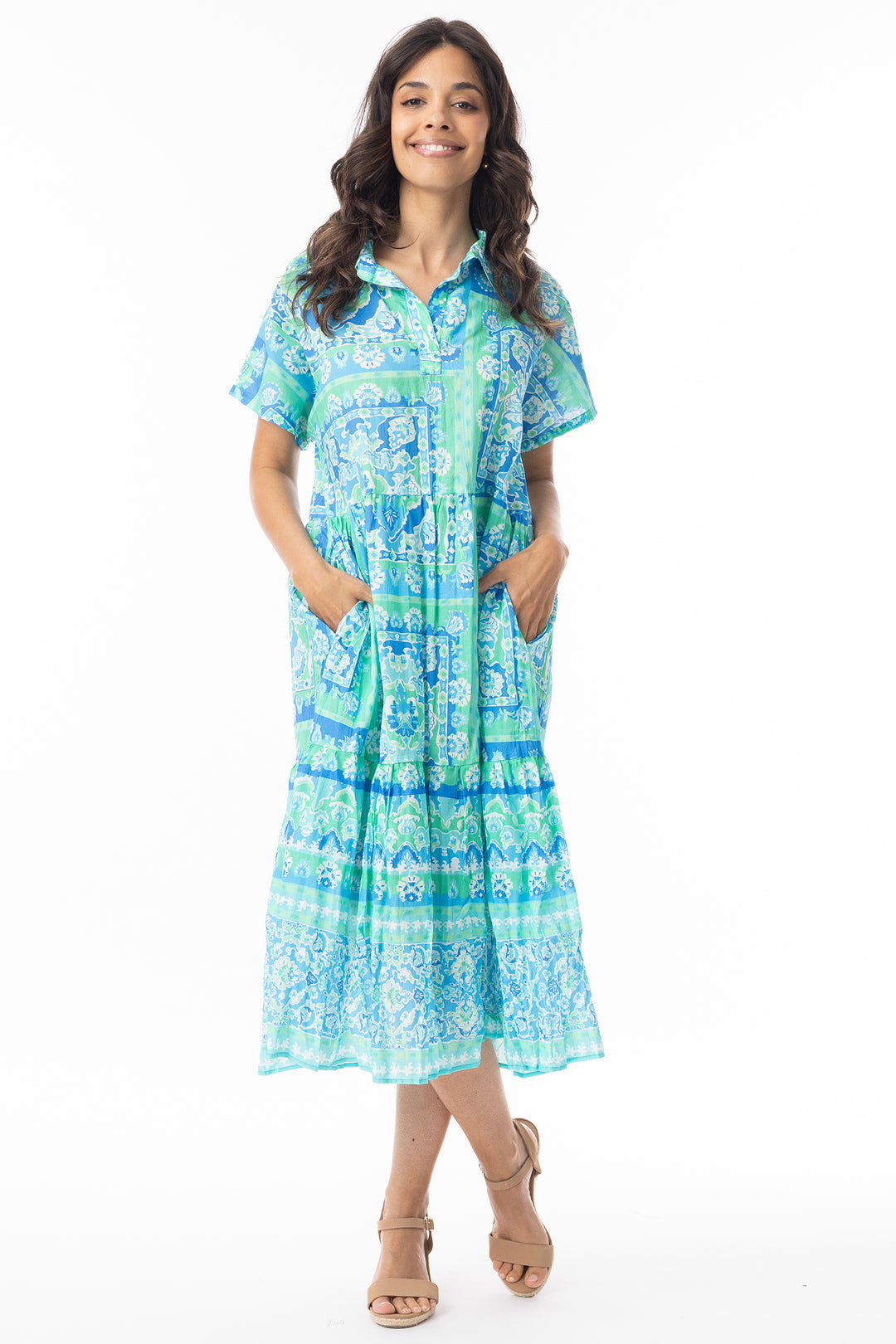Orientique 10069 Aqua Montevideo Print Short Sleeve Layer Dress