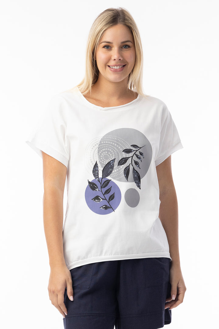 Orientique 12275 White Circles Print Sequin Detail T-Shirt