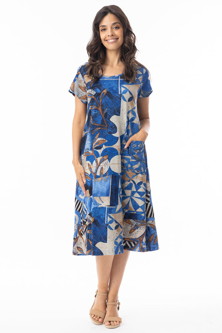 Orientique 20147 Blue Wyndham Print Flair Shift Dress