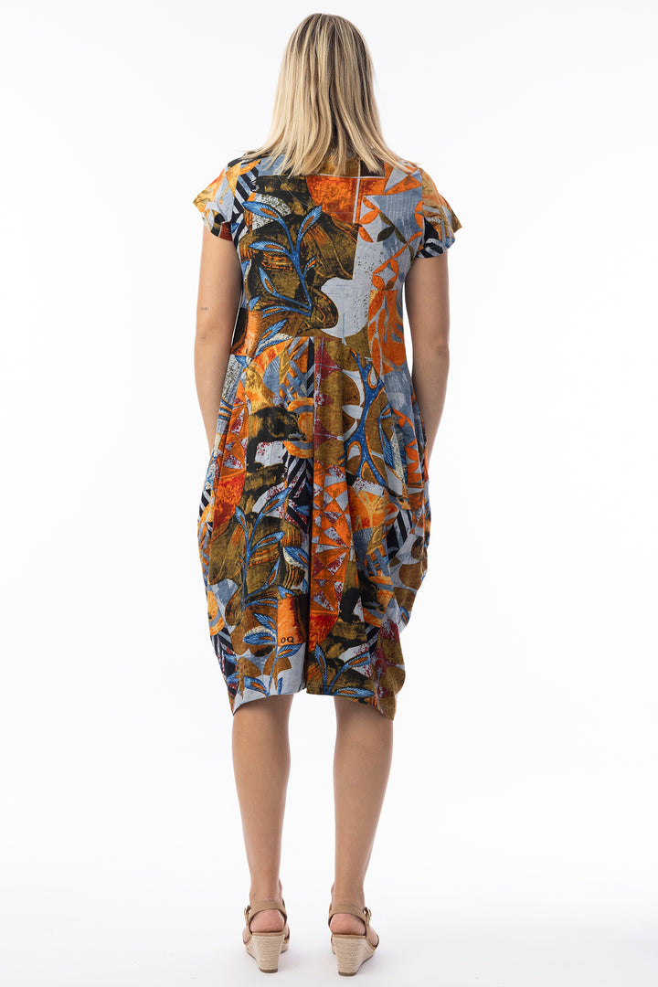 Orientique 20148 Orange Wyndham Print Round Neck Bubble Dress