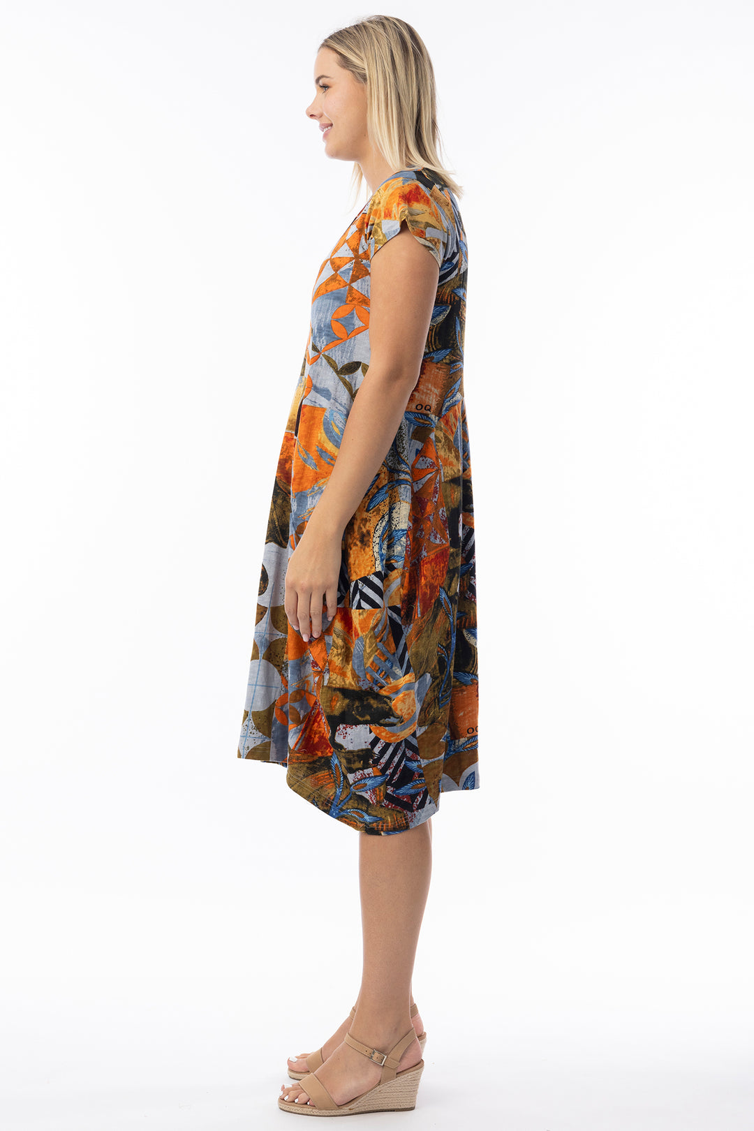 Orientique 20148 Orange Wyndham Print Round Neck Bubble Dress