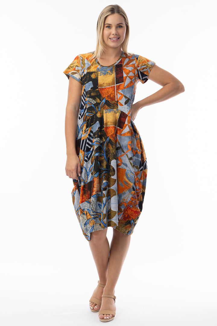 Orientique 20148 Orange Wyndham Print Round Neck Bubble Dress