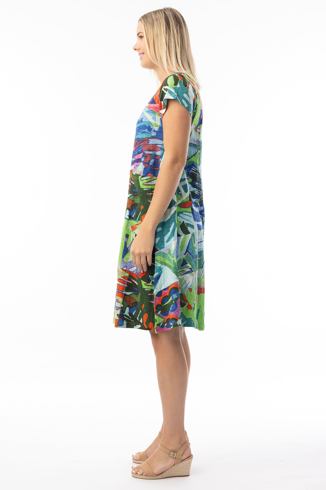 Orientique 20152LB Blue Leaves Print T-Shirt Shift Dress