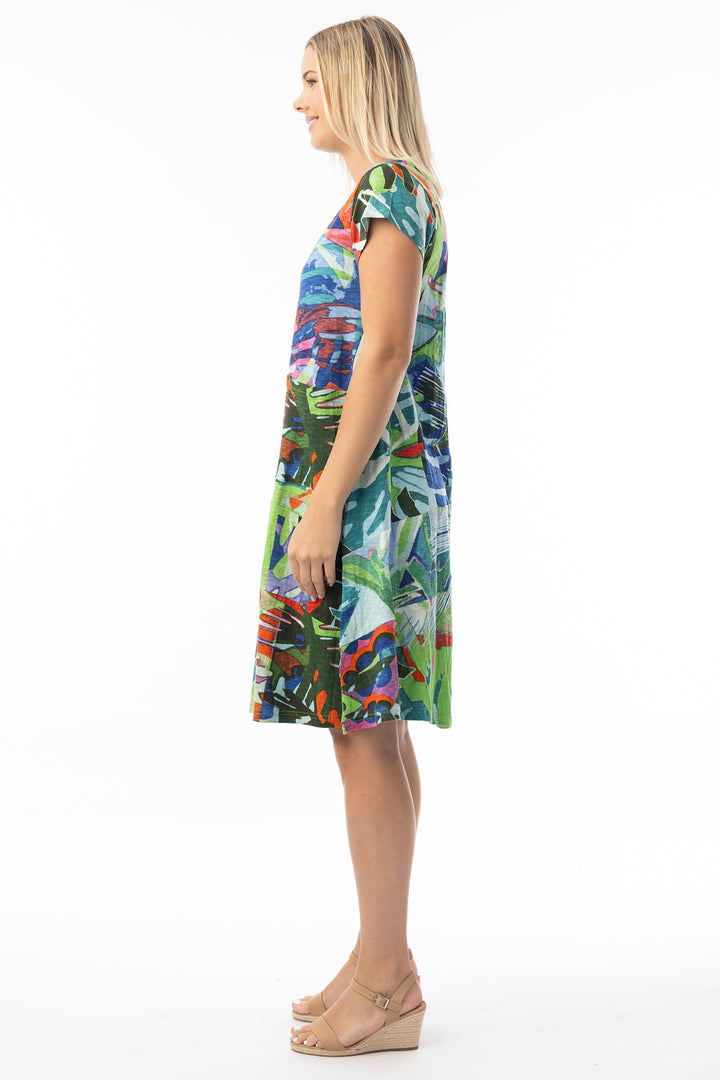 Orientique 20152LB Blue Leaves Print T-Shirt Shift Dress