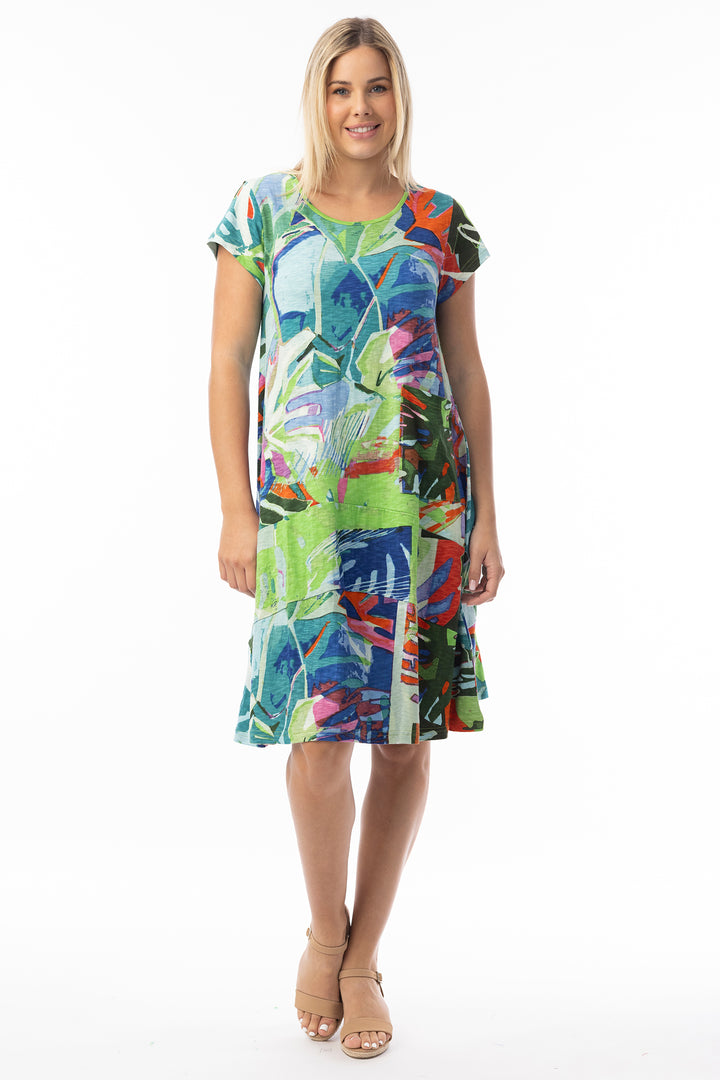 Orientique 20152LB Blue Leaves Print T-Shirt Shift Dress