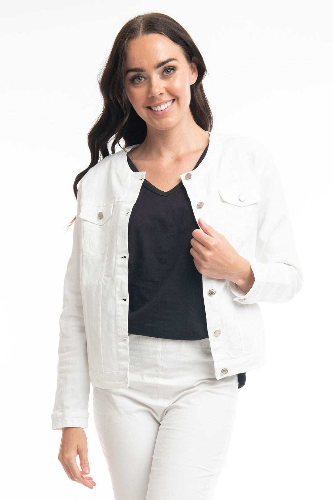 Orientique 22882 Off White Collarless Denim Jacket - Experience Boutique