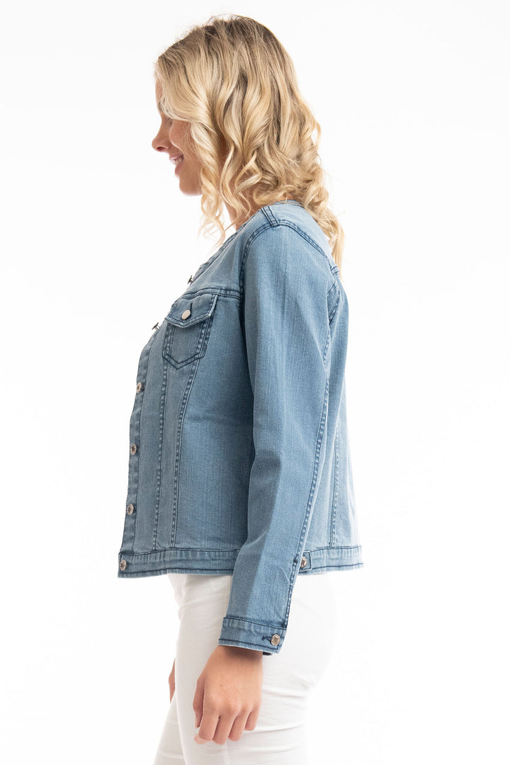 Orientique 22882 Washed Blue Collarless Denim Jacket - Experience Boutique