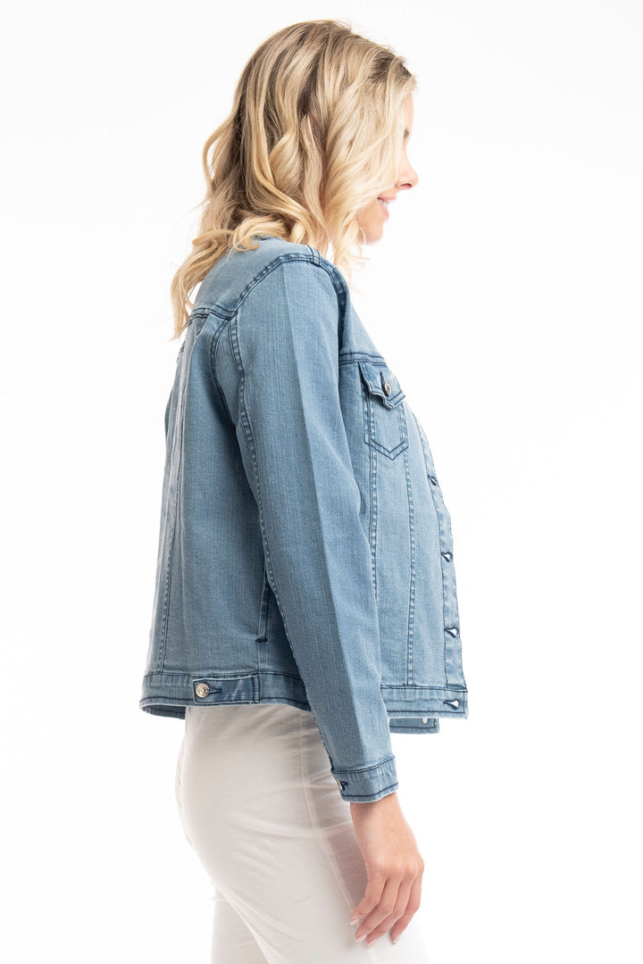 Orientique 22882 Washed Blue Collarless Denim Jacket - Experience Boutique