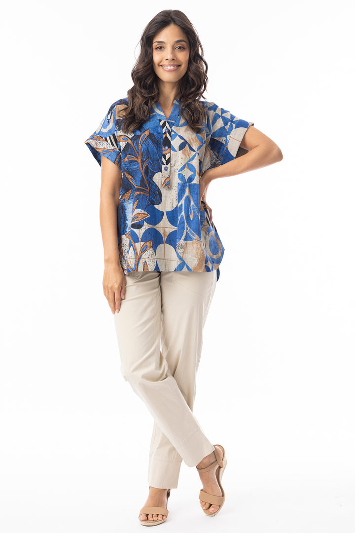 Orientique 23091 Blue Wyndham Print Half Placket Top