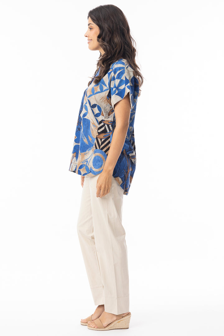 Orientique 23091 Blue Wyndham Print Half Placket Top