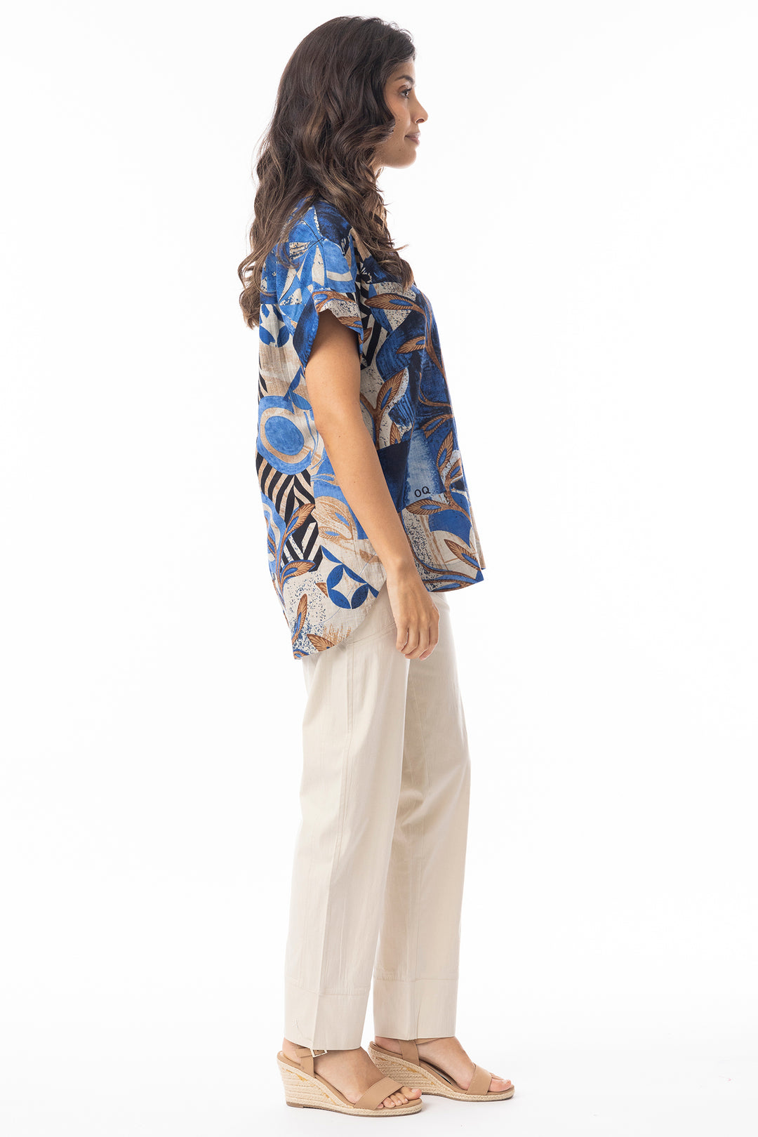 Orientique 23091 Blue Wyndham Print Half Placket Top