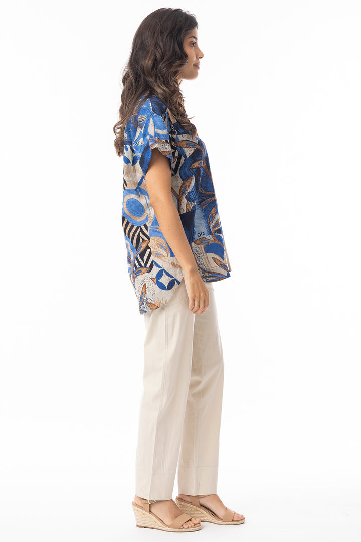 Orientique 23091 Blue Wyndham Print Half Placket Top