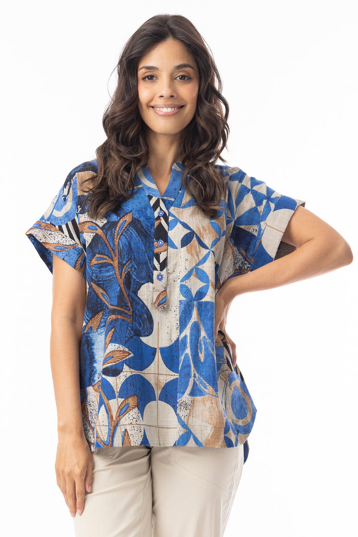 Orientique 23091 Blue Wyndham Print Half Placket Top