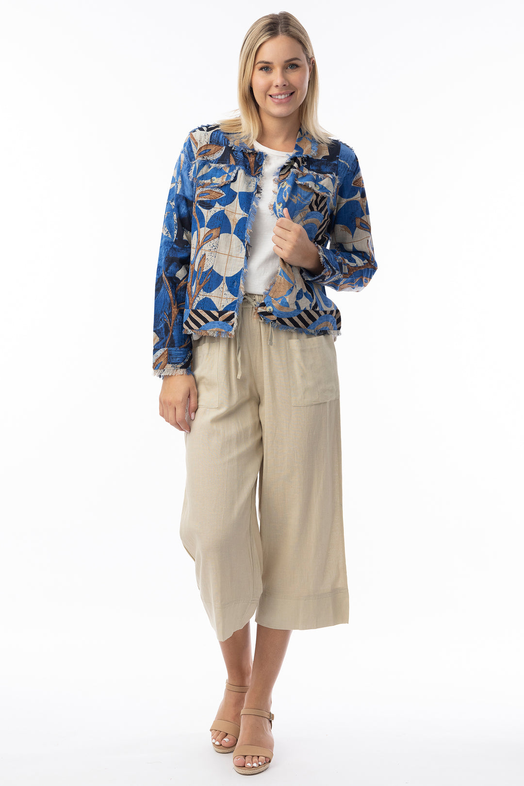 Orientique 23093 Blue Wyndham Print Frayed Edge Jacket