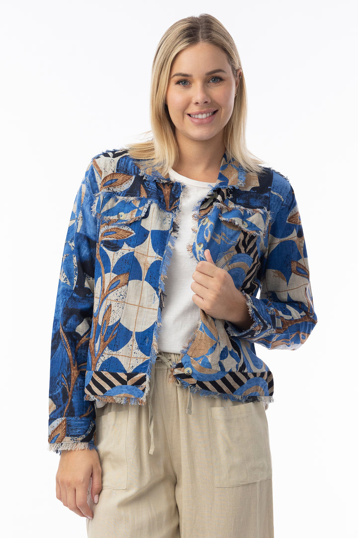Orientique 23093 Blue Wyndham Print Frayed Edge Jacket