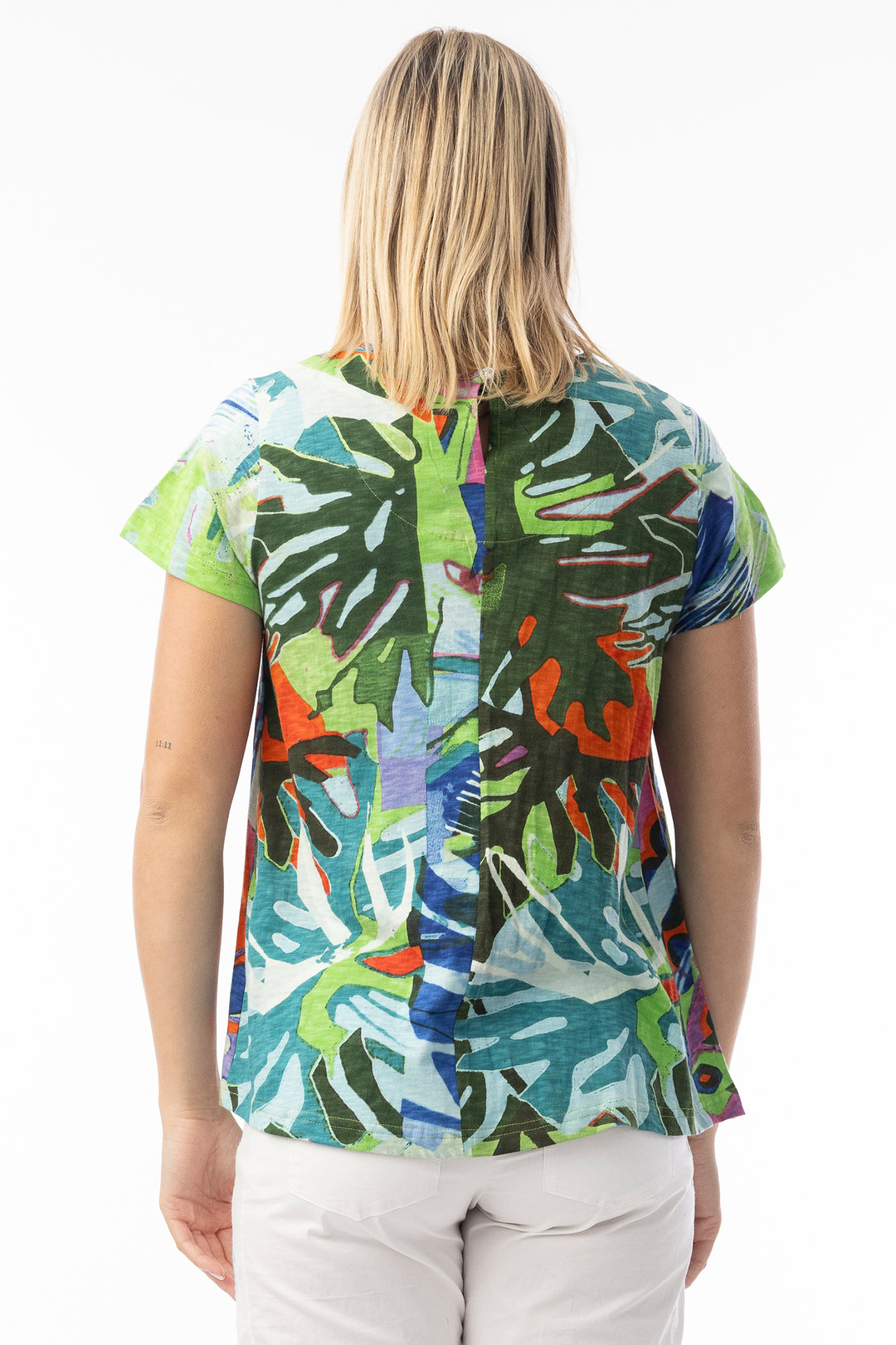 Orientique 23098LB Blue Leaves Print V-Neck T-Shirt