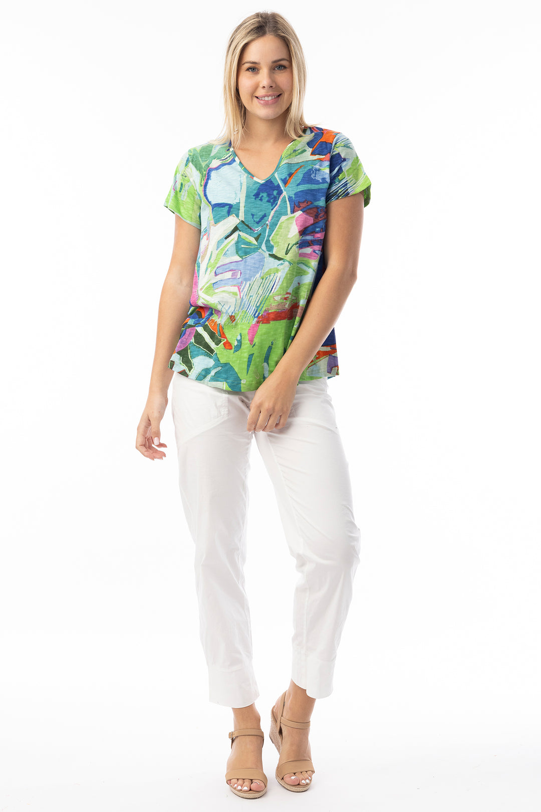 Orientique 23098LB Blue Leaves Print V-Neck T-Shirt